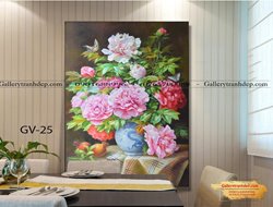 Tranh sơn dầu binh hoa mẫu đơn đẹp GTD16